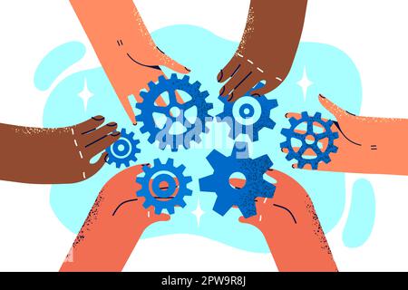 Close-up hands of company employees with variety of gears for concept of teamwork and collaboration Stock Vector