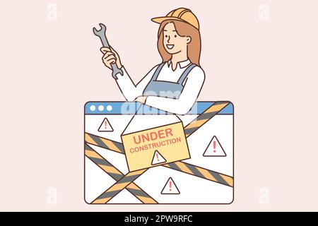 Repairman woman with wrench near under construction sign for 404 page of website or app Stock Vector