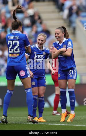 Ashleigh Plumptre of Leicester City celebrates with teammates after scoring the teams third goal during the Barclays FA Womens Super League match between Leicester City Women and Liverpool Women at the King Power Stadium, Leicester on Saturday 29th April 2023. (Credit: James Holyoak / Alamy Live News) Stock Photo