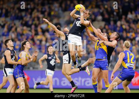 Brodie Kemp of Carlton marks during the AFL Round 7 match