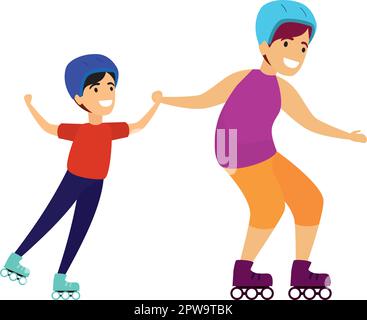 Sibling Ride on Roller Skates Together Illustration Stock Vector