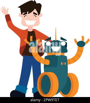 a Boy and Robot Greeting with Happy Expression Illustration Stock Vector
