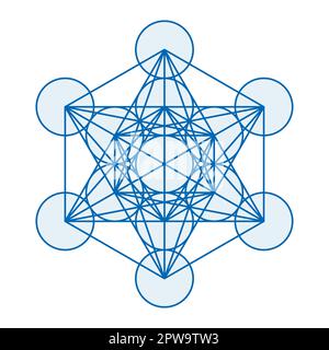 Blue Metatrons Cube, mystical symbol, derived from the Flower of Life Stock Vector