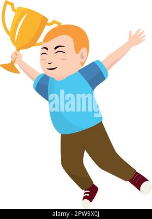 Happy Boy Jumping and Holding Trophy Illustration Stock Vector
