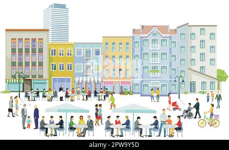 City silhouette with groups of people in leisure time in residential area, restaurants and bistros, illustration Stock Vector