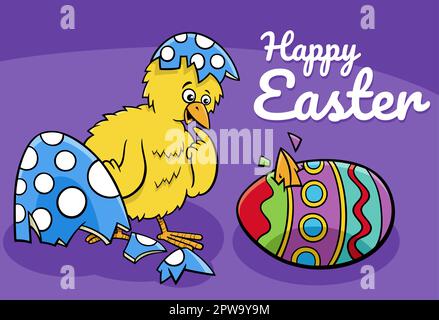 cartoon Easter chick hatched from coloered egg greeting card Stock Vector