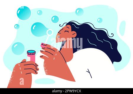 Woman uses soap bubbles for leisure or getting rid of routine stress and get rid of harmful thoughts Stock Vector