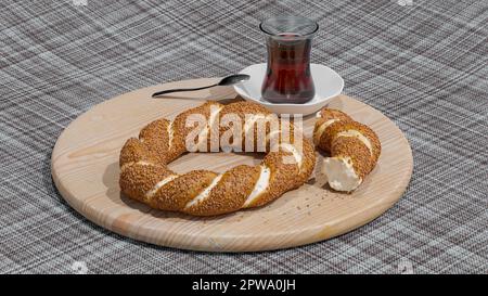 Traditional Turkish Breakfast Spread with Simit, Gevrek, and Tea on Rustic Wooden Board - 3d rendering Stock Photo