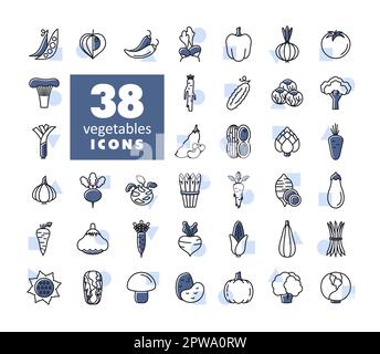 Vegetables outline isolated vector icons set Stock Vector