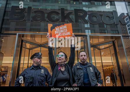 USA. 28th Apr, 2023. On April 28, 2023 eleven Climate Activists were arrested after storming the barricades and pouring fake oil at BlackRock's headquarters in Manhattan. Along with 75 other activists with pitchforks, they shut down the HQ entrance to demand that the company - the world's largest investor in fossil fuels - end new investments in coal, oil and gas, in line with the basic scientific requirements of avoiding global climate catastrophe. (Photo by Erik McGregor/Sipa USA) Credit: Sipa USA/Alamy Live News Stock Photo