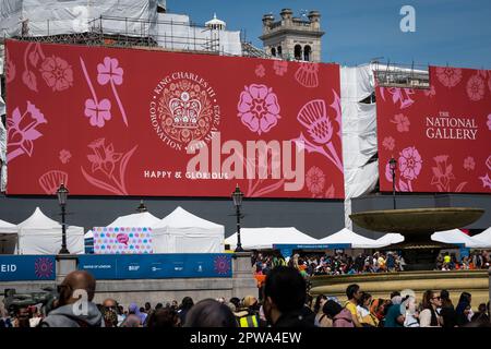 London, UK.  29 April 2023.  A giant banner with the words Happy & Glorious on the exterior of the National Gallery as preparations continue ahead of the coronation of King Charles III on 6 May. Credit: Stephen Chung / Alamy Live News Stock Photo