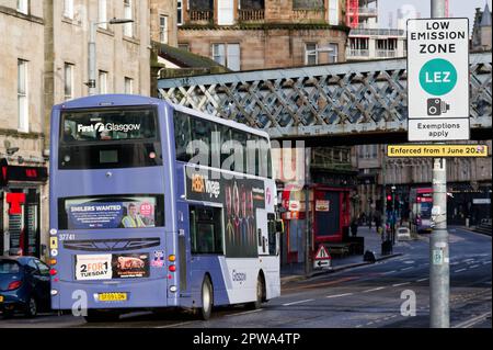 Low emission zone sign in city centre of Glasgow being enforced for all vehicles Stock Photo