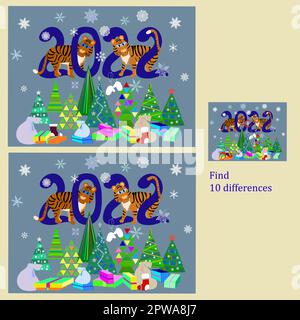 find 10 differences rebus for children under 6 years old, presented by the seasons of the year, one of the 4 set seasons is winter Stock Vector