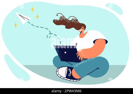Woman sits on floor with laptop on lap working as copywriter writing mailing letters Stock Vector