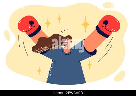 Casual woman in boxing gloves raises hands up after defeating rivals and becoming new champion Stock Vector