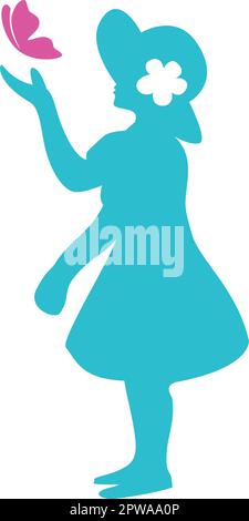 A Girl Playing with Butterfly visualized with Silhouette Style Stock Vector