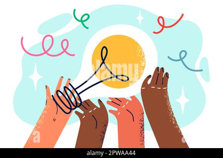 Peoples hands with light bulb symbolizing joint generation of ideas and solutions Stock Vector