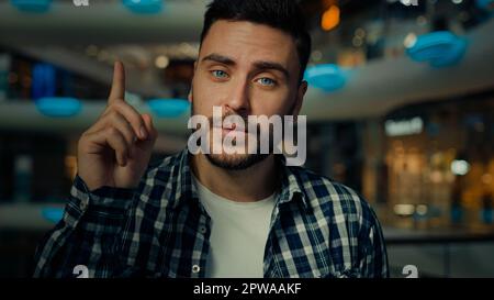 Caucasian 30s man thoughtful businessman thinking doubtful guy pondering thoughts excited inspired creative young millennial male customer raise Stock Photo