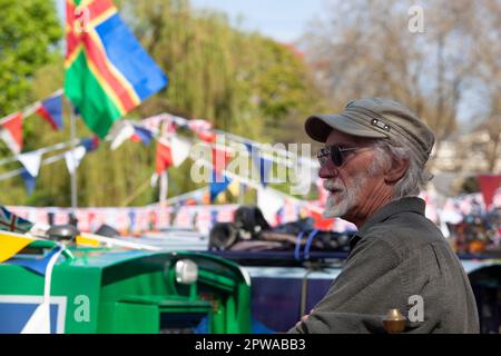 London, UK. 29th Apr, 2023. The 40th annual Canalway Cavalcade takes place throughout the Mayday bank holiday weekend in London's Little Venice. Where the Grand Union Canal comes in to Paddington narrowboats are decked out in bunting and family events are taking place alongside various competitions between boat owners. Credit: Anna Watson/Alamy Live News Stock Photo