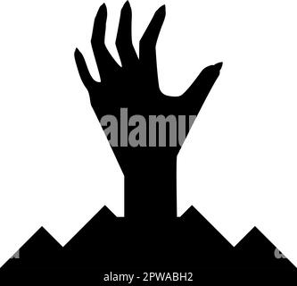 Scary human hand from ground silhouette dead man's Halloween decorative element zombie concept spooky clawed paw sharp nails bony arm fingers man undead icon black color vector illustration image flat style Stock Vector