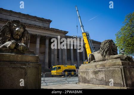 A large crane used in preparations for the 2023 Eurovision song contest in Liverpool, Uk. Stock Photo