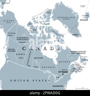 Canada, administrative divisions, provinces and territories, gray political map Stock Vector