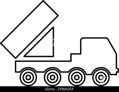 Reactive system volley fire salvo artillery American multiple launch on wheeled chassis high mobility army military truck air defense anti aircraft contour outline line icon black color vector illustration image thin flat style Stock Vector