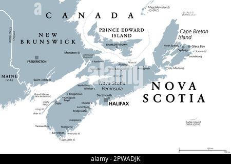 Nova Scotia, Maritime and Atlantic province of Canada, gray political map Stock Vector