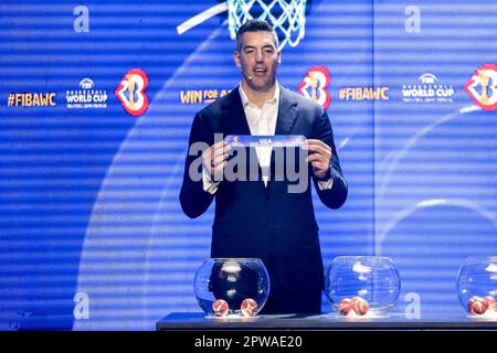 Quezon City, Philippines. 29th Apr, 2023. FIBA ambassador and former NBA player Luis Scola of Argentina holds the slip for the United States during the draw ceremony for FIBA Basketball World Cup 2023 in Quezon City, the Philippines, April 29, 2023. Credit: Rouelle Umali/Xinhua/Alamy Live News Stock Photo