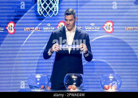 Quezon City, Philippines. 29th Apr, 2023. FIBA ambassador and former NBA player Luis Scola of Argentina holds the slip for Spain during the draw ceremony for FIBA Basketball World Cup 2023 in Quezon City, the Philippines, April 29, 2023. Credit: Rouelle Umali/Xinhua/Alamy Live News Stock Photo