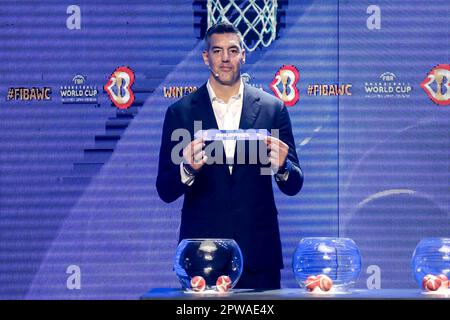 Quezon City, Philippines. 29th Apr, 2023. FIBA ambassador and former NBA player Luis Scola of Argentina holds the slip of the Philippines during the draw ceremony for FIBA Basketball World Cup 2023 in Quezon City, the Philippines, April 29, 2023. Credit: Rouelle Umali/Xinhua/Alamy Live News Stock Photo