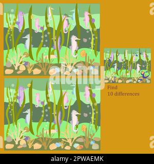 find 10 differences in the seahorse rebus for children under 6 years old Stock Vector