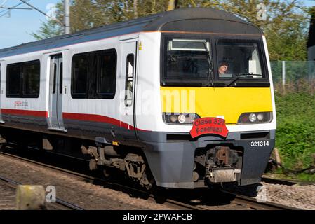 Ingatestone, Chelmsford, Essex, UK. 29th Apr, 2023. Rail company Greater Anglia are phasing out their old British Rail Class 321 electric multiple unit trains in favour of new Class 720 Aventra units. Built between 1988-91 the Class 321 units are among the oldest passenger trains in use on the UK’s rail network. Rail enthusiasts have been given a chance to travel on a special last train send-off tour which is visiting stations served for many years by the old trains from London Liverpool Street to Clacton and thence to Southend Victoria and return before final retirement. Stock Photo