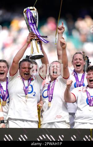 England's Sarah Bern lifts the trophy at the BBC pitch side studio as ...