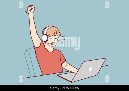 Delighted teen boy sitting at table with laptop playing video game and defeating virtual opponents Stock Vector