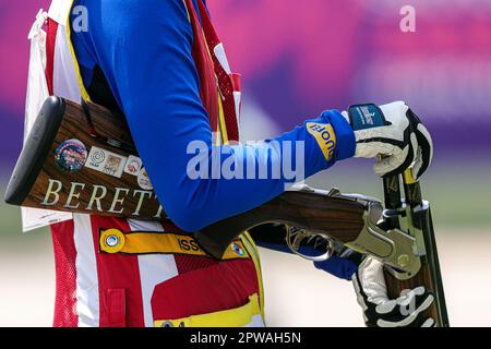 Cairo, Egypt. 29th Apr, 2023. Jiang Yiting of China competes during the skeet women medal match at the 2023 ISSF World Cup Shotgun in Cairo, Egypt, April 29, 2023. Credit: Ahmed Gomaa/Xinhua/Alamy Live News Stock Photo