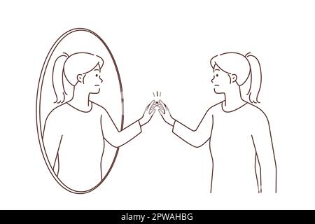 Woman look in mirror talk to herself Stock Vector