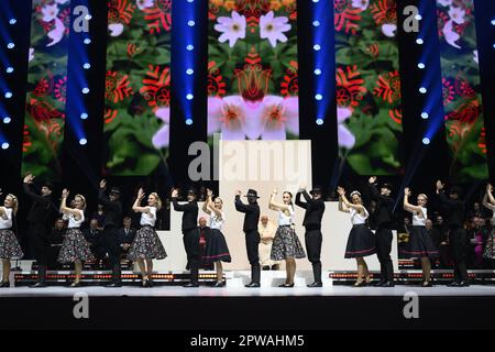 Budapest, Hungary. 29th Apr, 2023. Pope Francis attends a meeting with young people at Papp Laszlo Sportarena during his apostolic journey in Budapest, Hungary, on April 29, 2023. Photo by Vatican Media (EV) /ABACAPRESS. COM Credit: Abaca Press/Alamy Live News Stock Photo