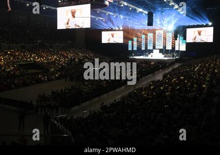 Budapest, Hungary. 29th Apr, 2023. Pope Francis attends a meeting with young people at Papp Laszlo Sportarena during his apostolic journey in Budapest, Hungary, on April 29, 2023. Photo by Vatican Media (EV) /ABACAPRESS. COM Credit: Abaca Press/Alamy Live News Stock Photo