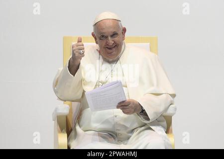 Budapest, Hungary. 29th Apr, 2023. Pope Francis attends a meeting with young people at Papp Laszlo Sportarena during his apostolic journey in Budapest, Hungary, on April 29, 2023. Photo by Vatican Media (EV) /ABACAPRESS. COM Credit: Abaca Press/Alamy Live News Stock Photo