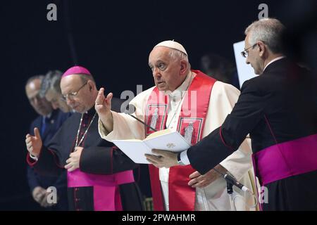 Budapest, Hungary. 29th Apr, 2023. Pope Francis attends a meeting with young people at Papp Laszlo Sportarena during his apostolic journey in Budapest, Hungary, on April 29, 2023. Photo by Vatican Media (EV) /ABACAPRESS. COM Credit: Abaca Press/Alamy Live News Stock Photo