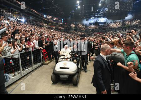 Budapest, Hungary. 29th Apr, 2023. Pope Francis attends a meeting with young people at Papp Laszlo Sportarena during his apostolic journey in Budapest, Hungary, on April 29, 2023. Photo by Vatican Media (EV) /ABACAPRESS. COM Credit: Abaca Press/Alamy Live News Stock Photo