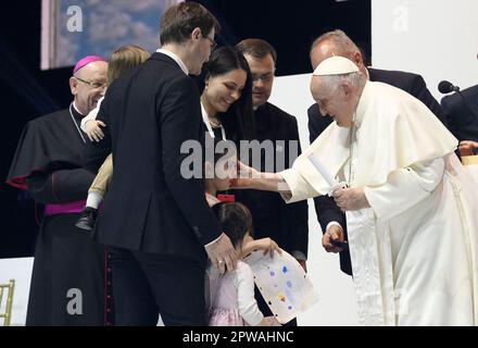 Budapest, Hungary. 29th Apr, 2023. Pope Francis attends a meeting with young people at Papp Laszlo Sportarena during his apostolic journey in Budapest, Hungary, on April 29, 2023. Photo by Vatican Media (EV) /ABACAPRESS. COM Credit: Abaca Press/Alamy Live News Stock Photo