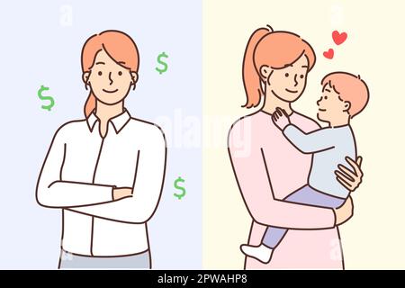 Successful businesswoman standing with arms folded near young loving mother with little baby in arms Stock Vector