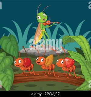 Cartoon ant and grasshopper in the garden Stock Vector