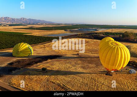 Bright yellow hot air balloons inflating before take off from a field near Winters, California in Yolo County. Stock Photo
