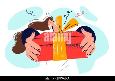 Happy woman showing off cool gift received from boyfriend or friends in honor birthday party Stock Vector