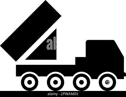Reactive system volley fire salvo artillery American multiple launch on wheeled chassis high mobility army military truck air defense anti aircraft icon black color vector illustration image flat style Stock Vector