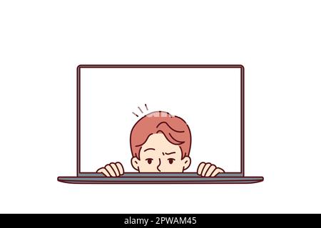 Man with frightened face looks out of laptop screen for concept of non-professional work on Internet Stock Vector