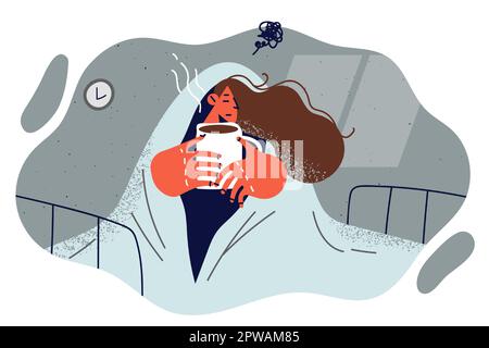 Woman suffering from melancholy sits on bed wrapped in blanket and drinks hot coffee Stock Vector